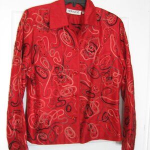 Vintage Anage Women's Red 100% Silk Beaded Abstract Design Jacket Size S